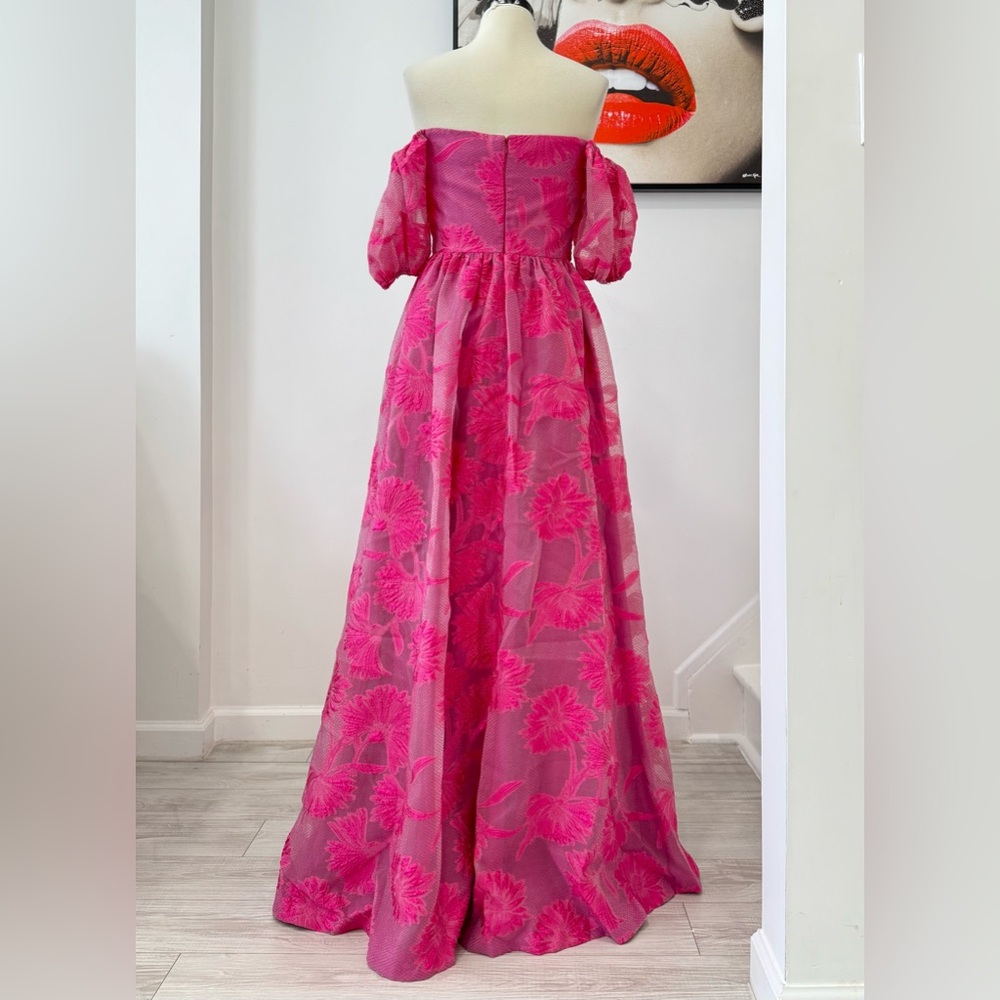 ML Monique Lhuillier Organza Jacquard Off-Shoulder Gown Floral Pink Maxi Dress - Picture 10 of 16